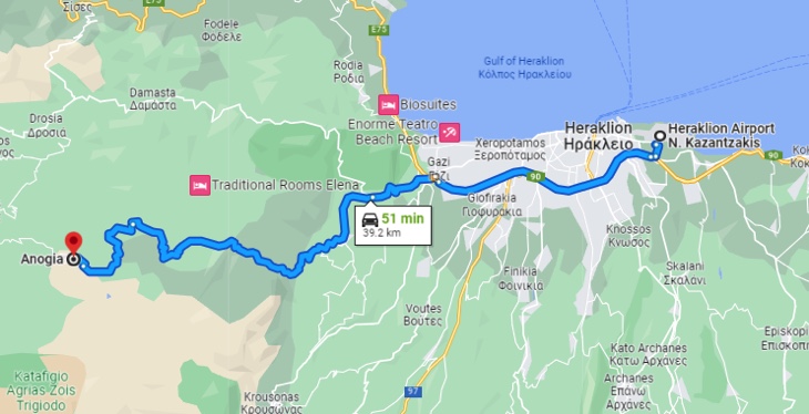 Distance Map from Anogia to Heraklion Airport