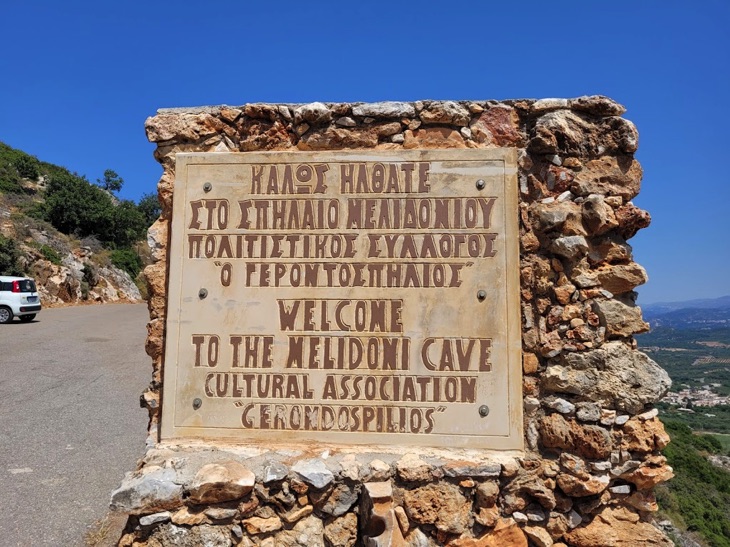 Welcome sign in Melidoni Cave